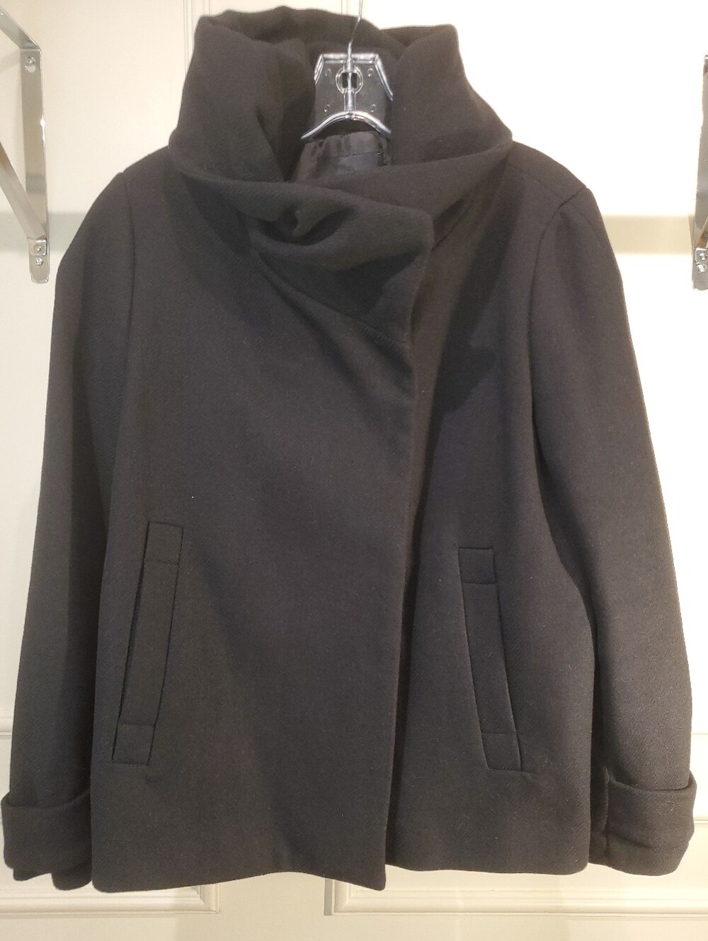 ZARA Basic Black Asymmetric Funnel Neck Wool Blend Pea Coat Jacket Womens Size L